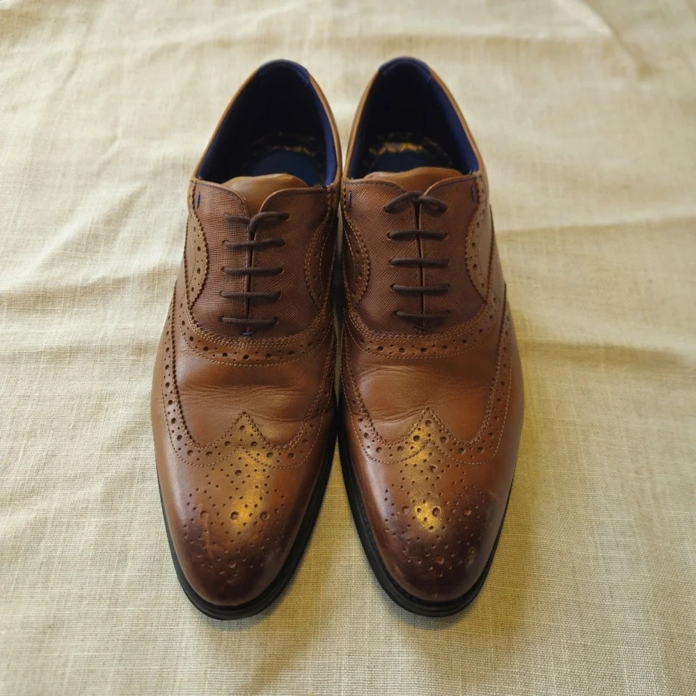 Ted Baker Mens Cognac Brown Leather Wingtip Brogue Oxford Shoes Size US 10 Luxe‎